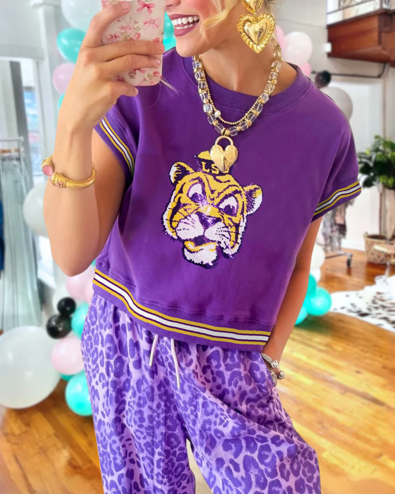 Cute Tiger Sequin Stripe Trim Top