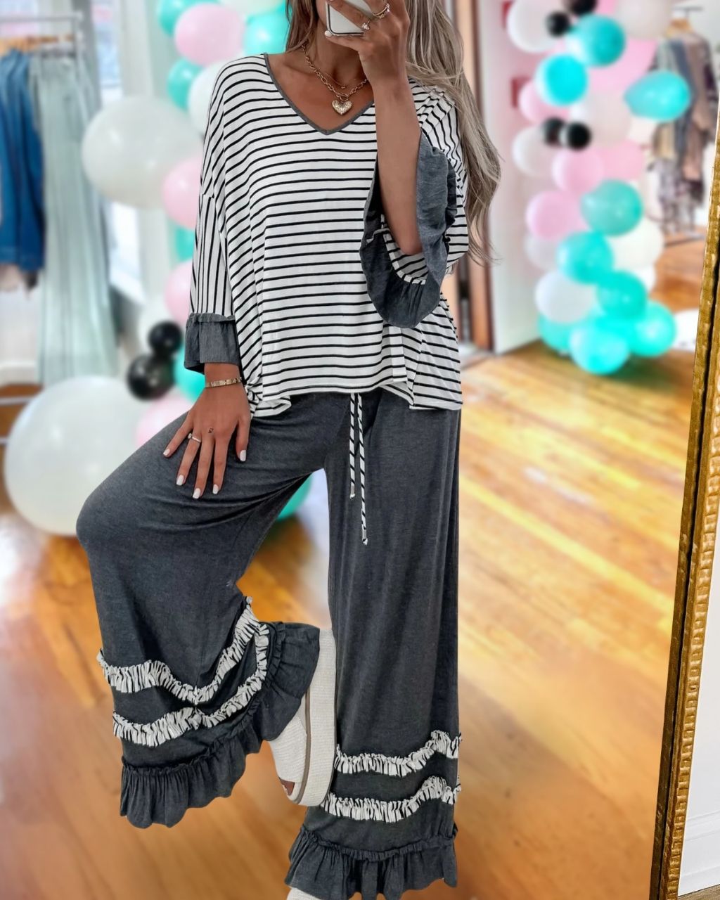 Striped Ruffled Wide-Leg Pants Set