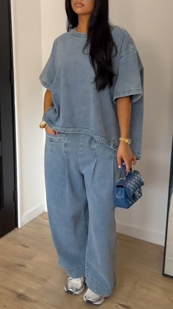 Women's Washed Blue Loose Wide-Leg Denim Trousers - Two-Piece Set