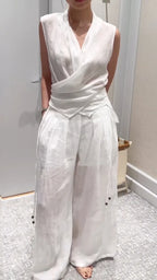 White Wrap Tie Sleeveless Linen Two-Piece Set