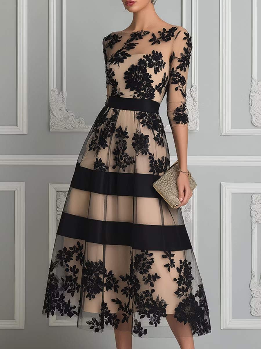 Floral Sheer A-Line Midi Dress