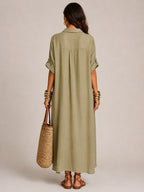 Linen-Blend Short-Sleeve Shirt Maxi Dress