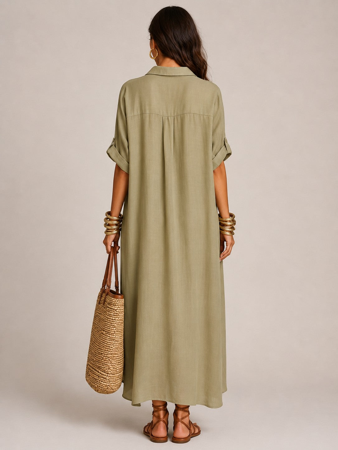 Linen-Blend Short-Sleeve Shirt Maxi Dress