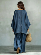 Denim Batwing Asymmetrical Top & Wide Leg Pants Set
