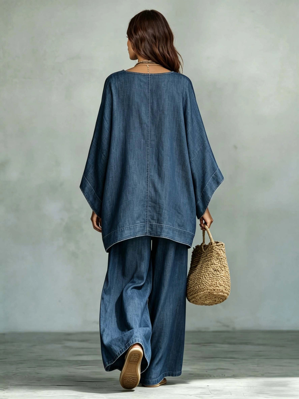Denim Batwing Asymmetrical Top & Wide Leg Pants Set