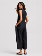 Black Linen-Blend Stand Collar Sleeveless Jumpsuit