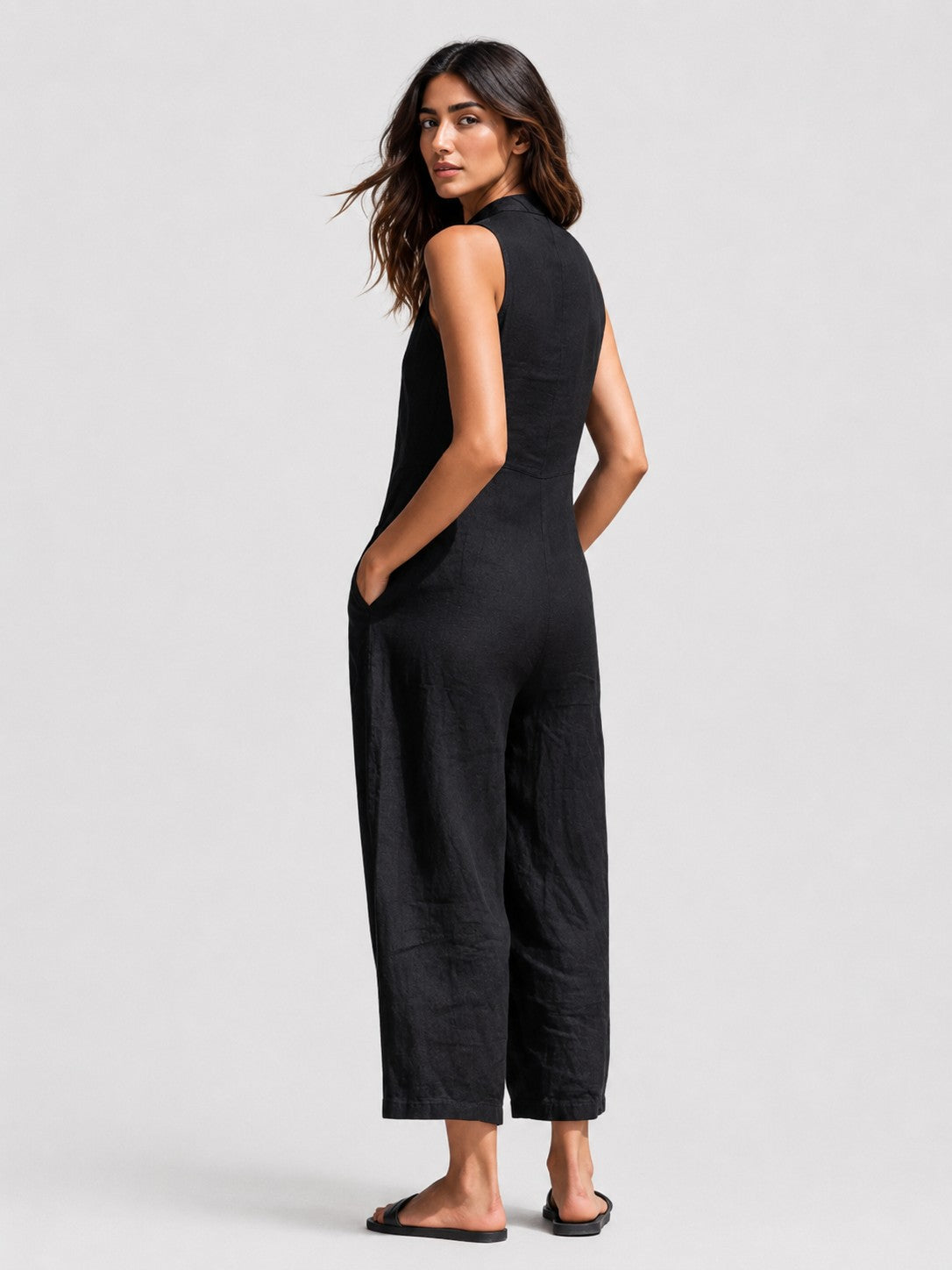 Black Linen-Blend Stand Collar Sleeveless Jumpsuit