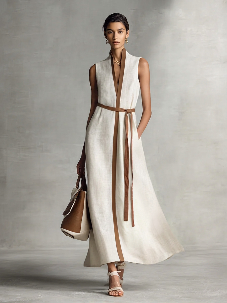 Sleeveless V-Neck Tie-Waist Cotton Linen Maxi Dress