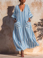 Women's Boho Striped V-Neck Kaftan Maxi Dress with Pockets