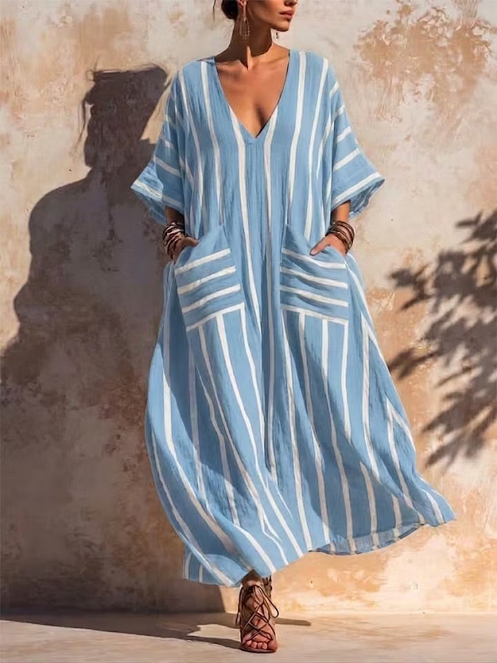 Women's Boho Striped V-Neck Kaftan Maxi Dress with Pockets