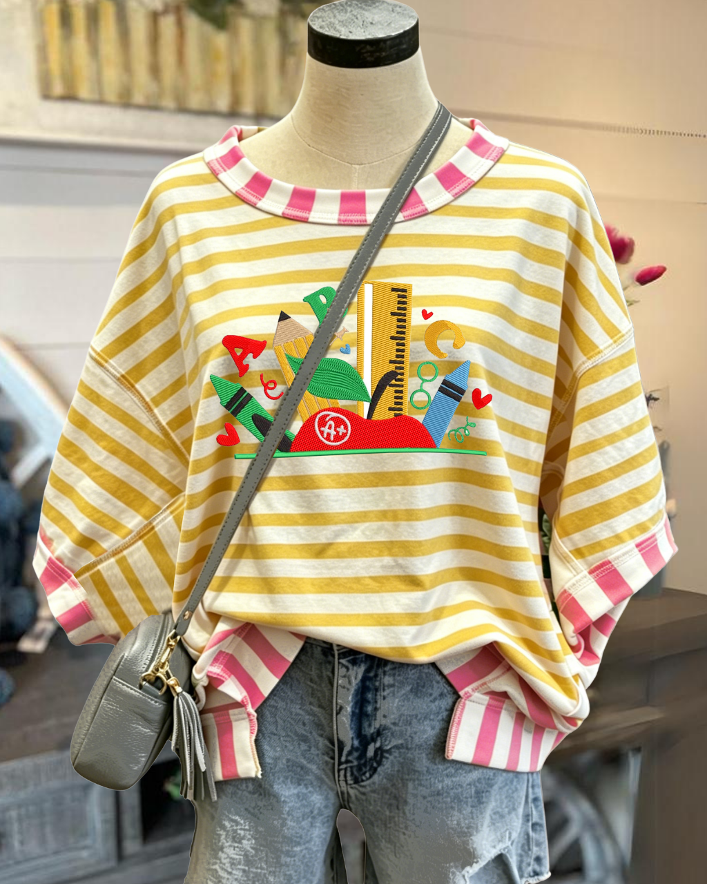 School Supplies Embroidered Striped T-shirt