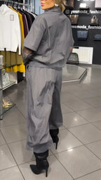 Grey Zip-Up Casual Tracksuit Two-Piece Outfit