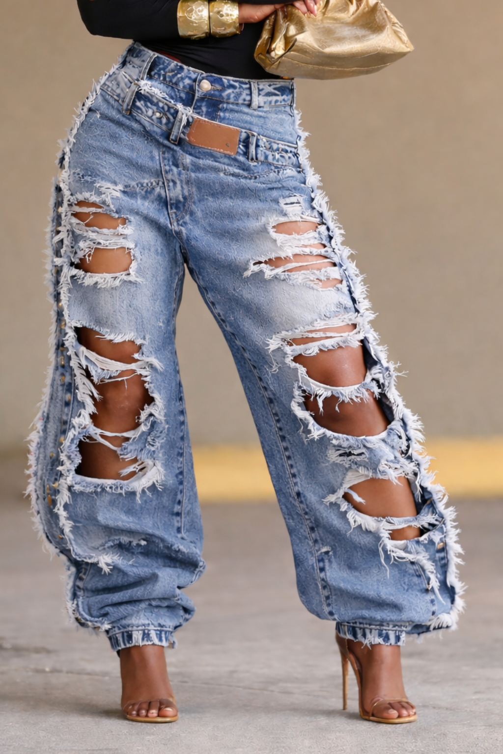 Women’s Y2K Heavy-Detailed Rhinestone Faux Two-Piece Jeans