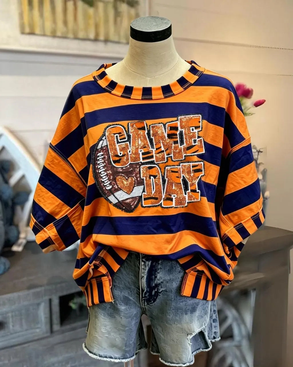 Football Game Day Sequined Striped Top