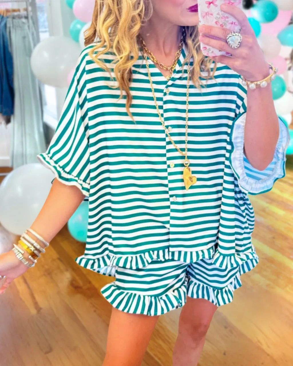 Casual Striped Ruffled Shorts Set