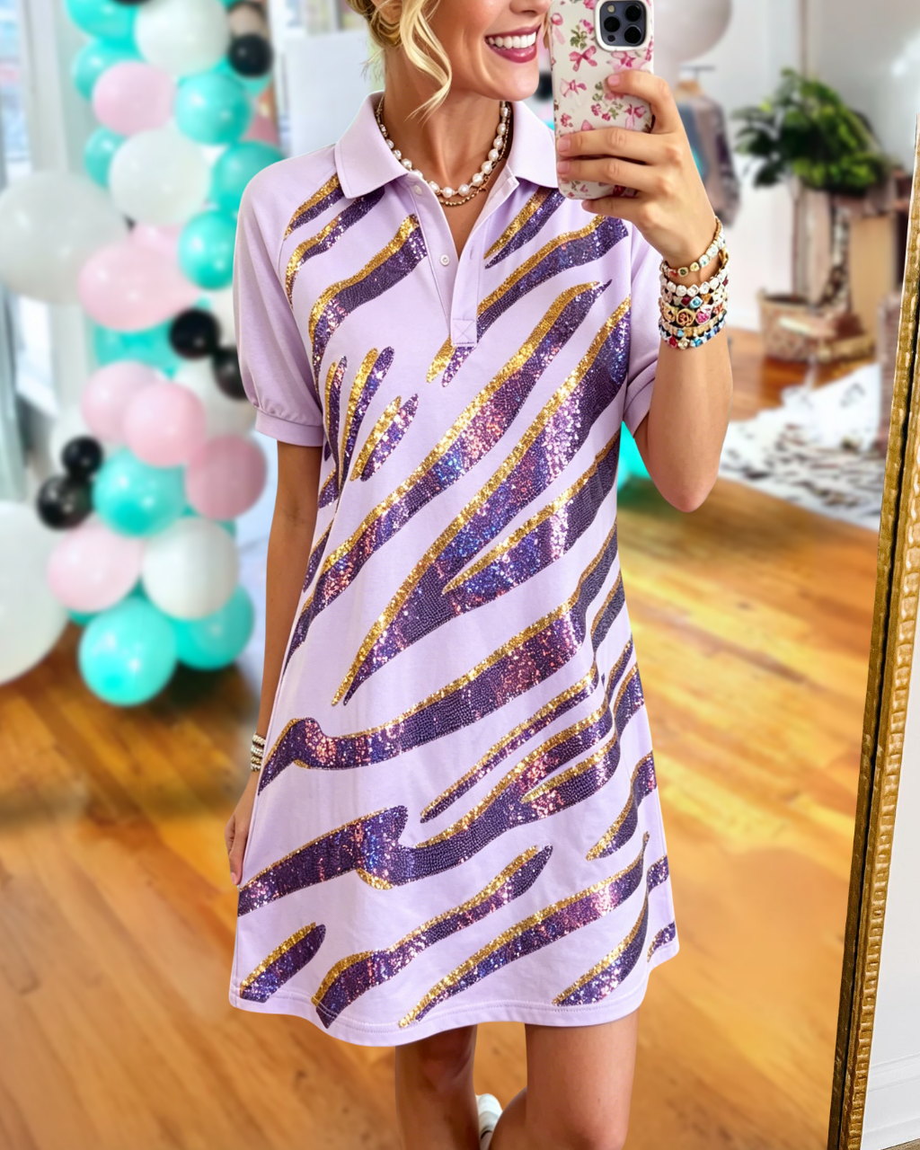 Tiger-Stripe Sequin Polo Dress