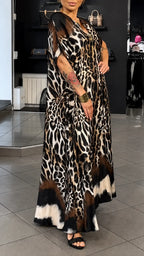 Leopard Print V-Neck Chiffon Kaftan Dress