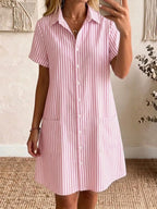 Clearance Sale🔥 Women's Cozy Lapel Classic Striped Cotton Linen Shirt Dress