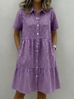 Today 49% off🔥Cotton Linen Gingham Button Up Shirt Dress