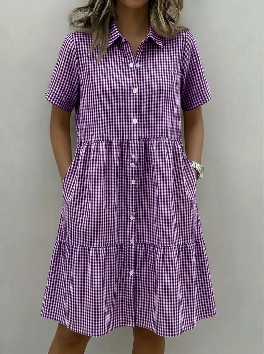 Today 49% off🔥Cotton Linen Gingham Button Up Shirt Dress