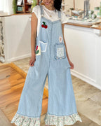 Cherry Embroidered Denim Overalls