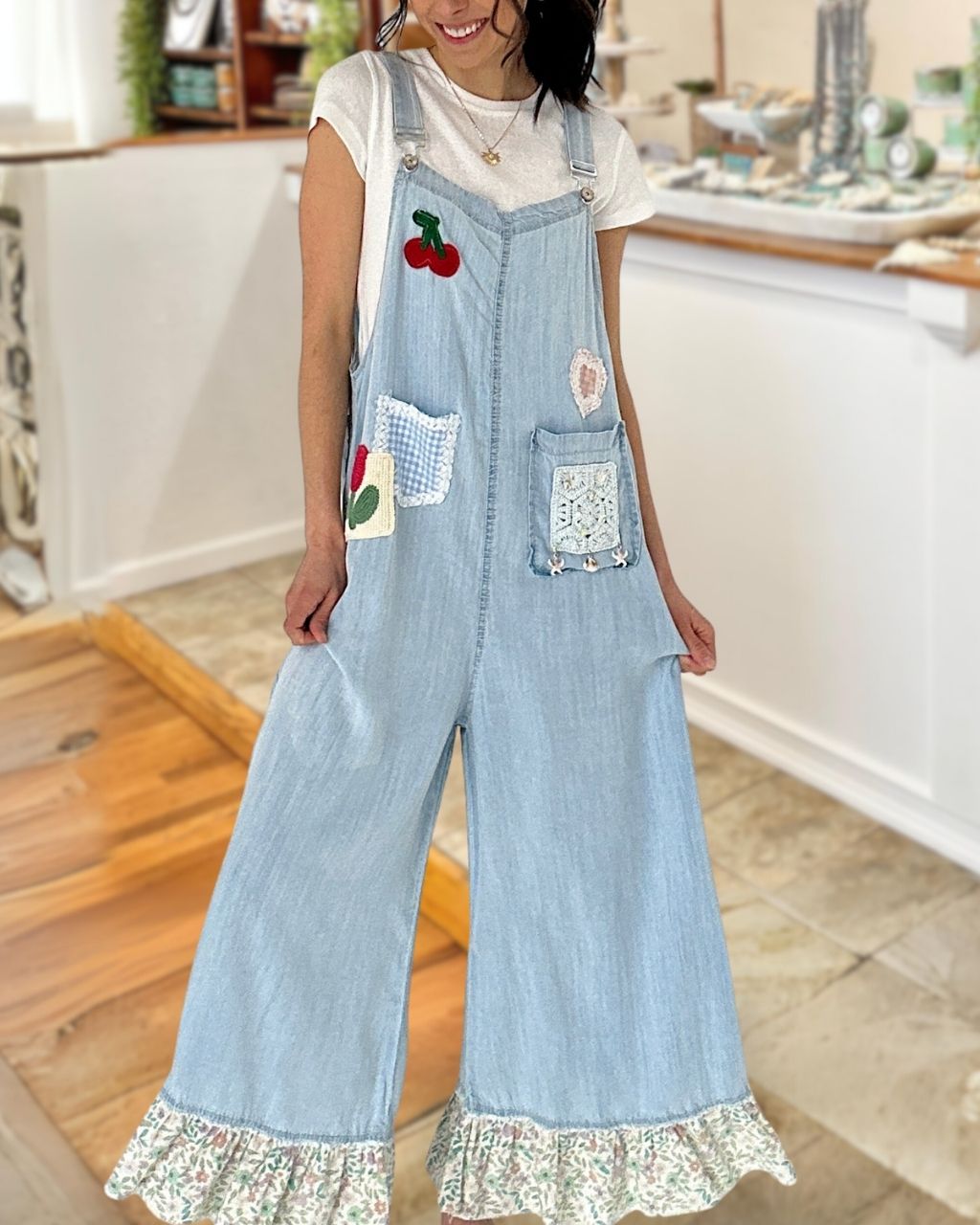 Cherry Embroidered Denim Overalls