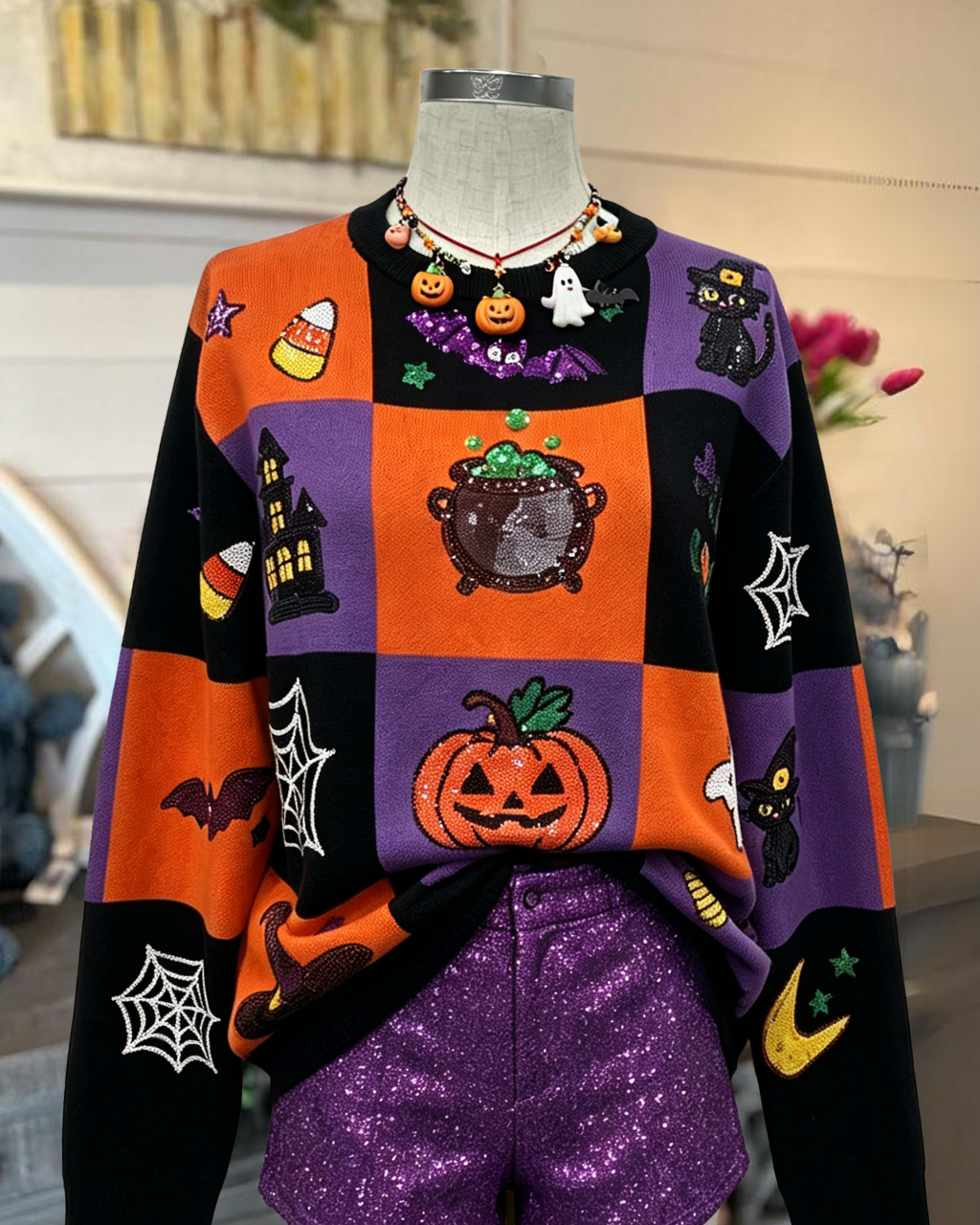 Halloween-themed Sequined Color-blocked Sweatshirt