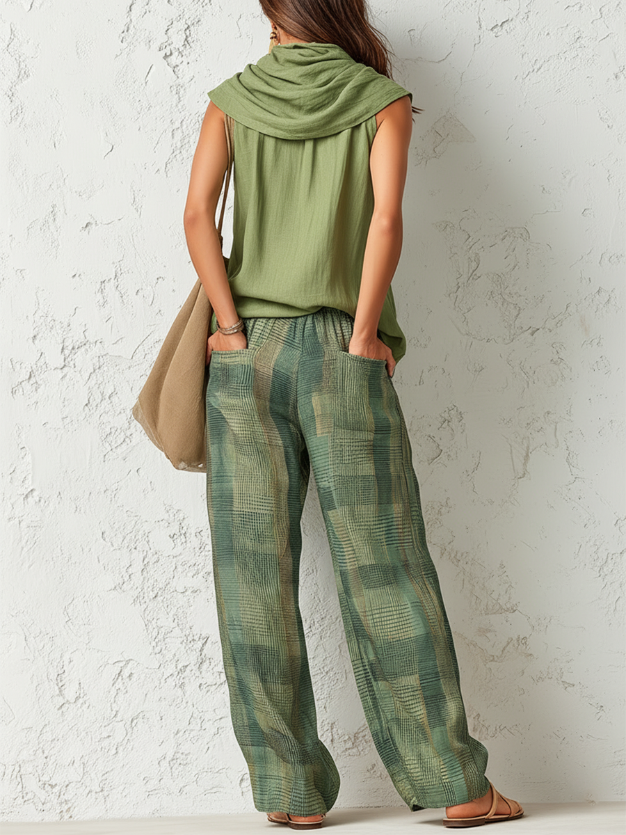 Vintage-Inspired Casual Chic Sleeveless Top And Plaid Trousers Set