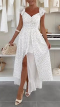 Women's Elegant Dress - Flutter Sleeves - Faux-Layered Design with Side Slits