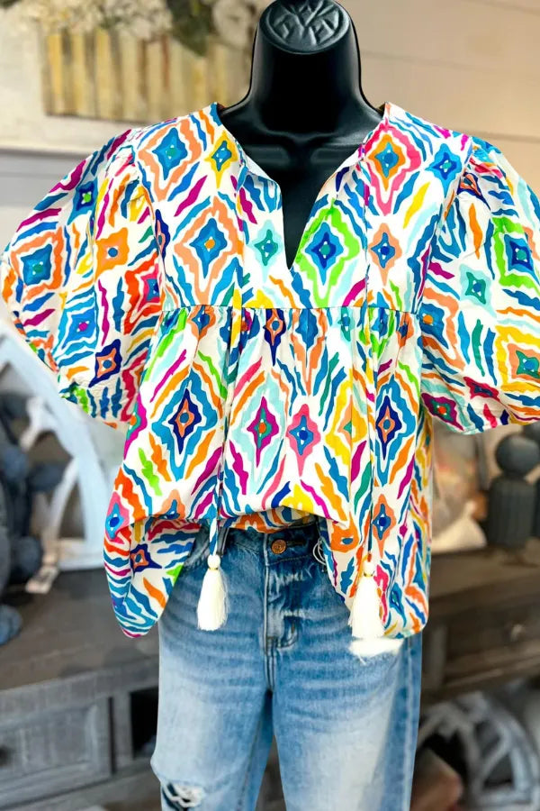 Tassel Tie Multi Color Print Top