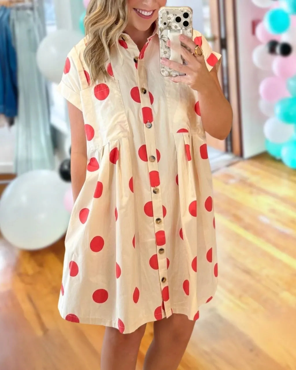 Stylish Polka-Dot Satin Shirt Dress