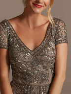 V-neck Beaded Short Sleeve Dress with Godets Mother of the Bride Dress