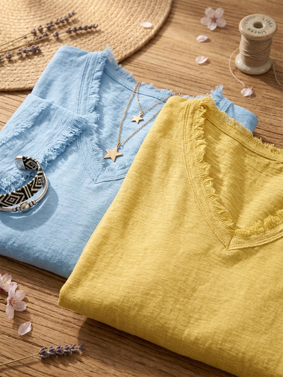 CLEARANCE SALE✨Vintage Frayed V Neck Linen Top