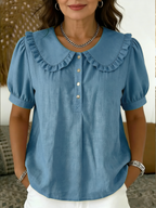 NEW🔥 Casual Peter Pan collar cotton-linen blend polo shirt
