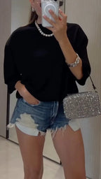 Heart Rhinestone Cutout T-Shirt & Denim Shorts