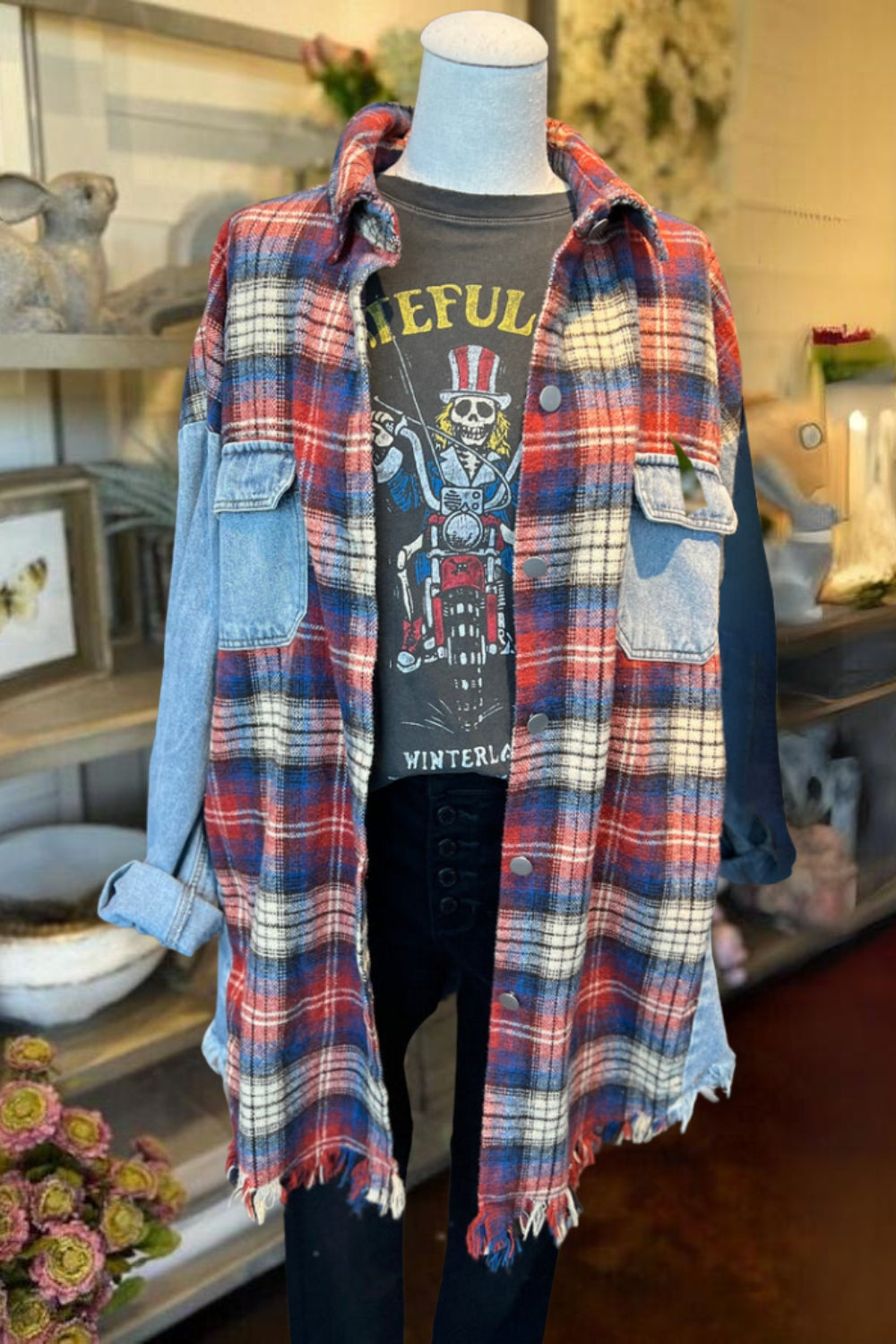 Denim&Plaid Patchwork Oversize Shacket