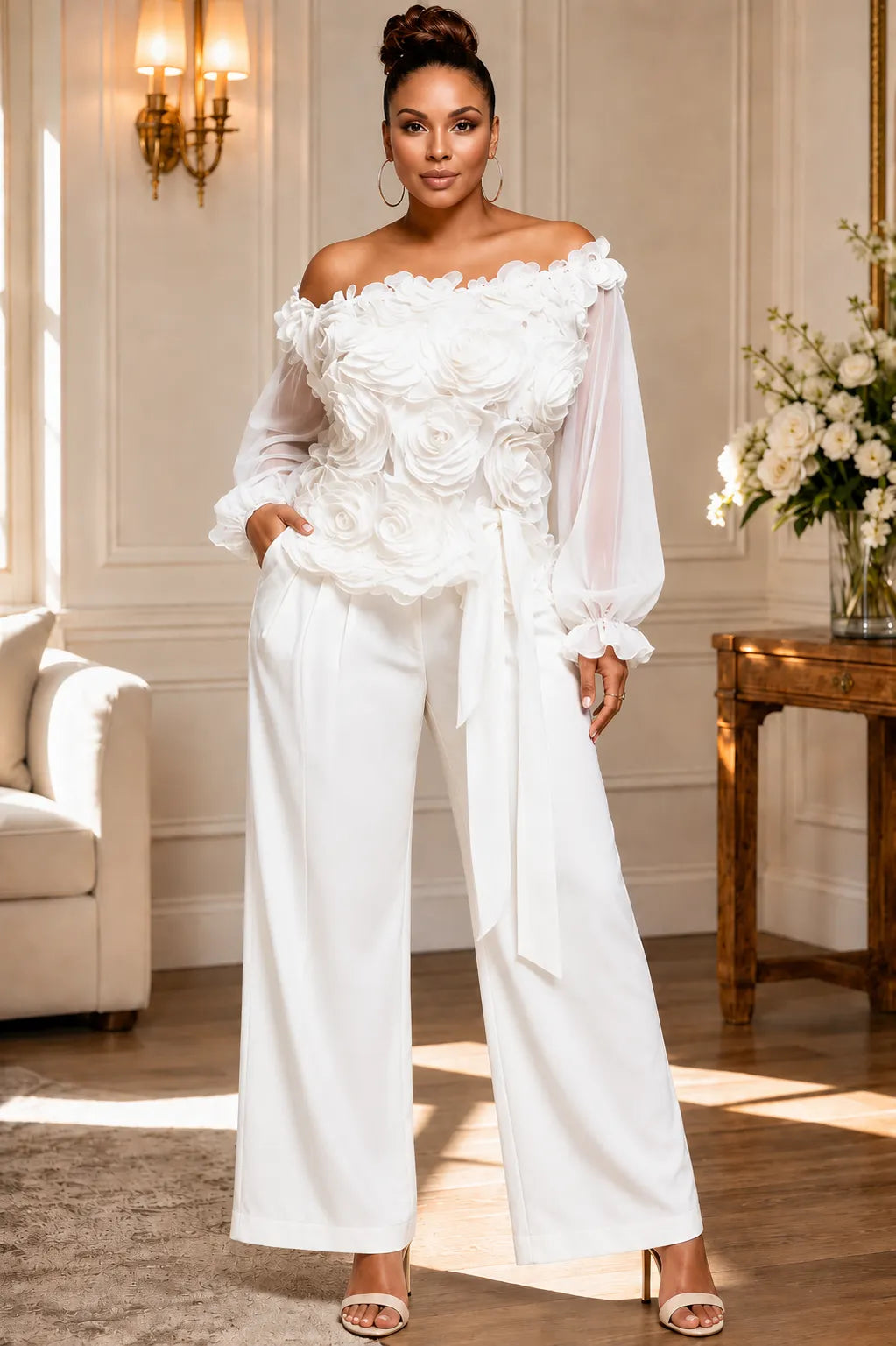 3D Floral Off-The-Shoulder White Two-Piece Pant Set