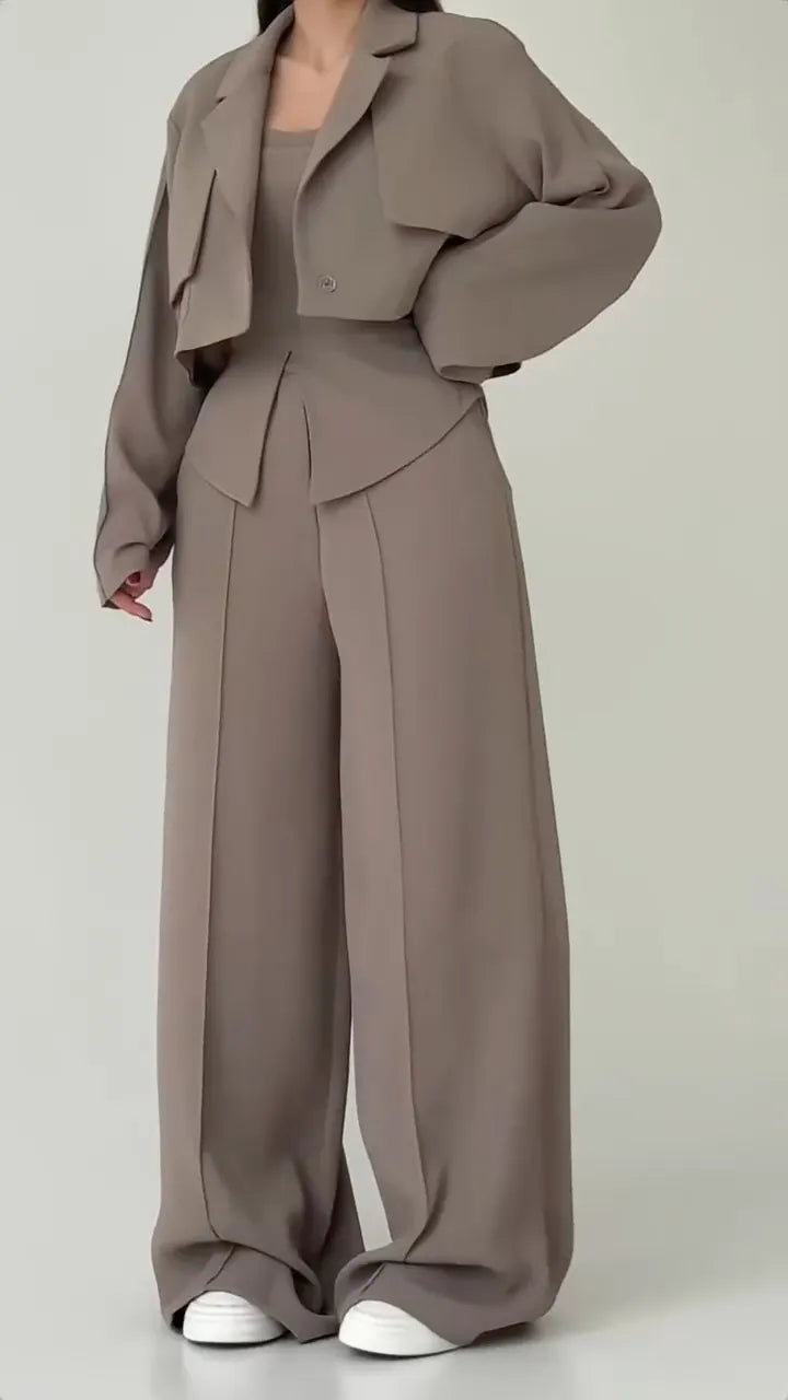 Taupe Cropped Blazer Two-Piece Pants Set