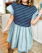 Striped Denim Flowy Mini Dress