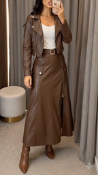 Brown Faux Leather Jacket Midi Skirt Outfit