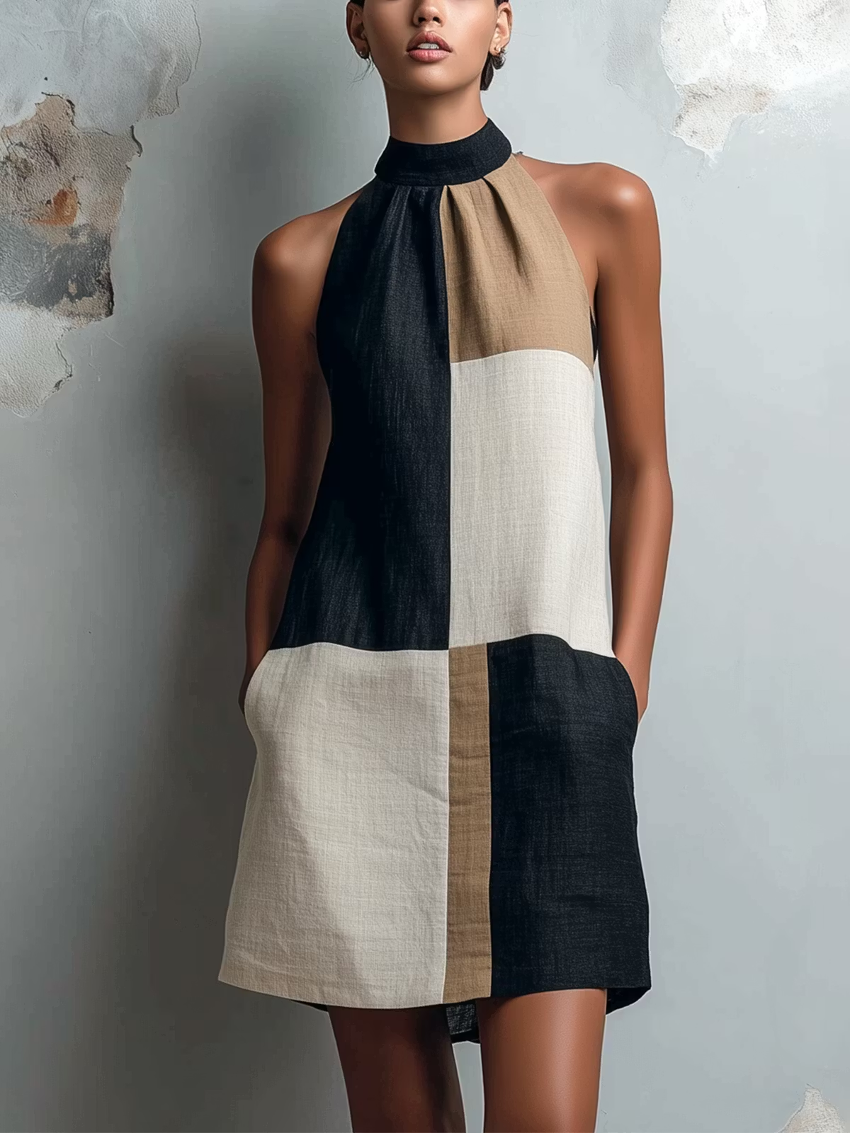 Colorblock Halter Shift Mini Dress