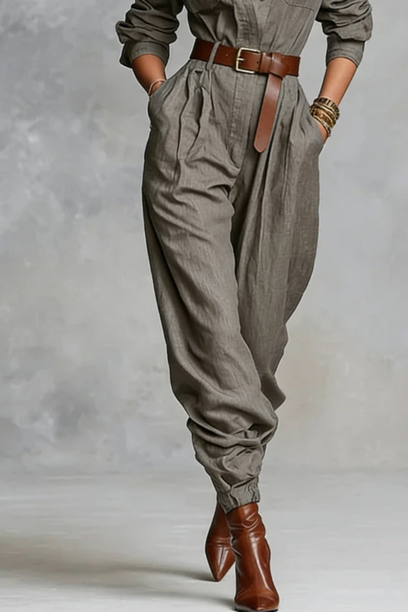 Cotton And Linen Blended Long Sleeve Shirt Jumpsuit