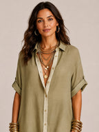Linen-Blend Short-Sleeve Shirt Maxi Dress