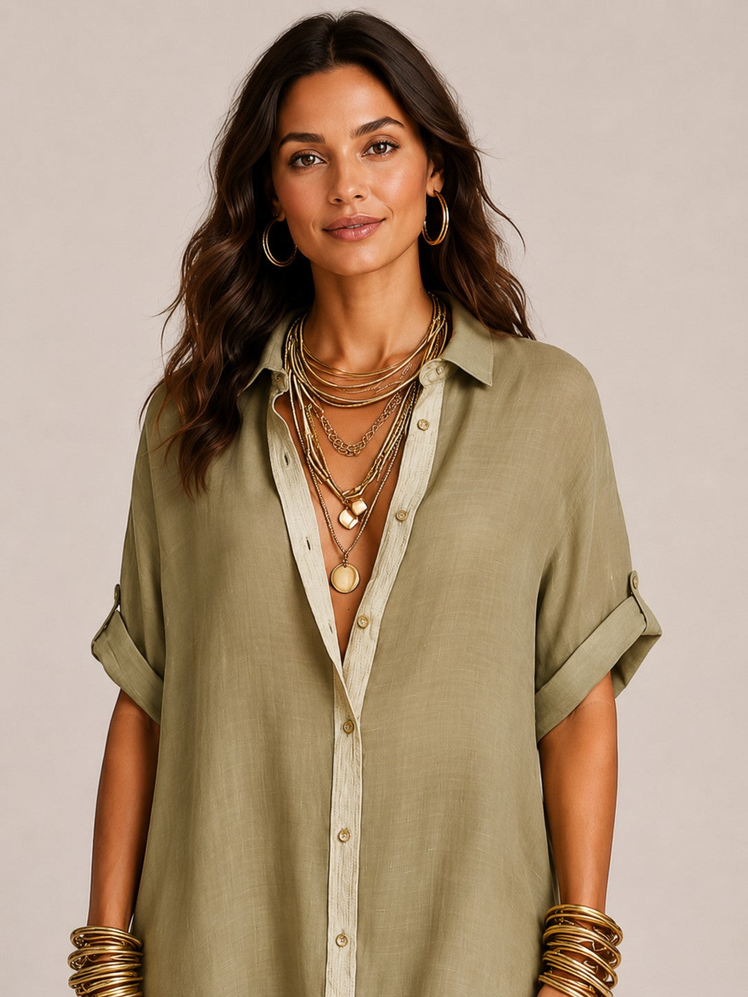 Linen-Blend Short-Sleeve Shirt Maxi Dress