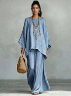 Denim Batwing Asymmetrical Top & Wide Leg Pants Set