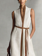 Sleeveless V-Neck Tie-Waist Cotton Linen Maxi Dress