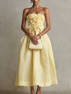 Yellow 3D Flower Strapless Midi Dress