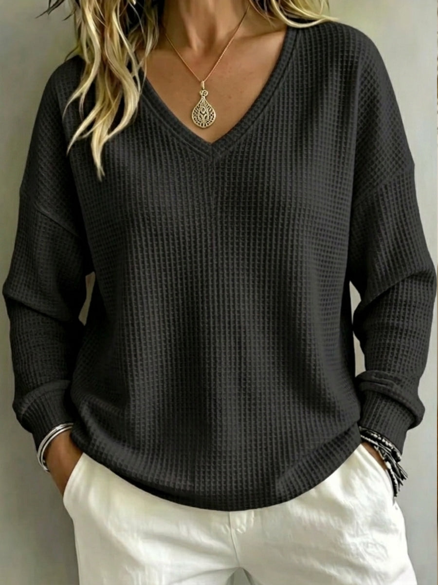 New Arrival🔥 Women's Casual V-Neck Waffle Top Sweatshirt