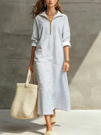 Women's Striped Elegant Art Zip Casual Cotton Linen Dress