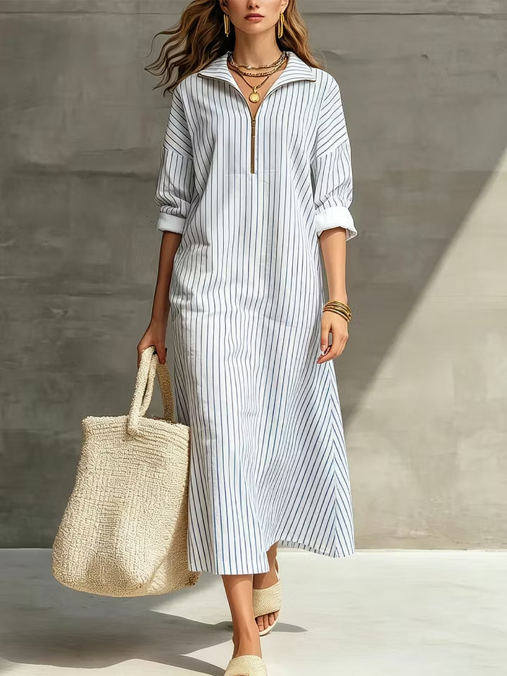 Women's Striped Elegant Art Zip Casual Cotton Linen Dress